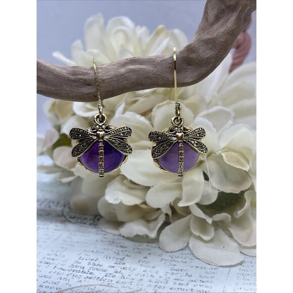 Gold plate Iridescent Dragonfly Wire Purple Earrings Fall Gift Mom Birthday Wife - Picture 1 of 15